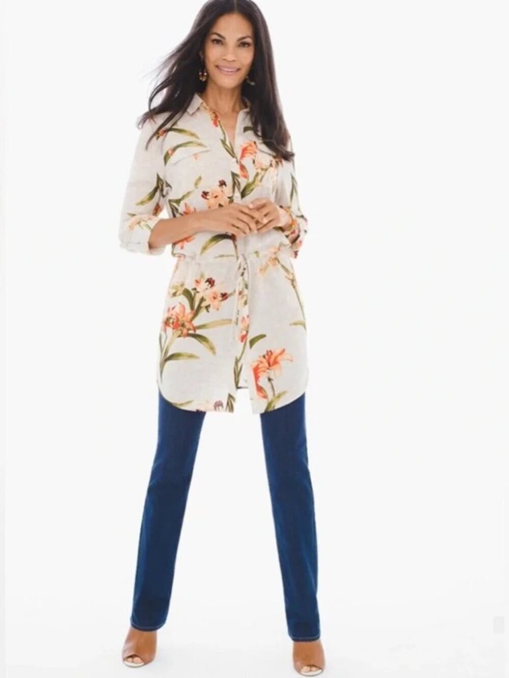 NWT Chico’s Floral Button Front Tunic Top Size 3 Roll Tab Sleeves